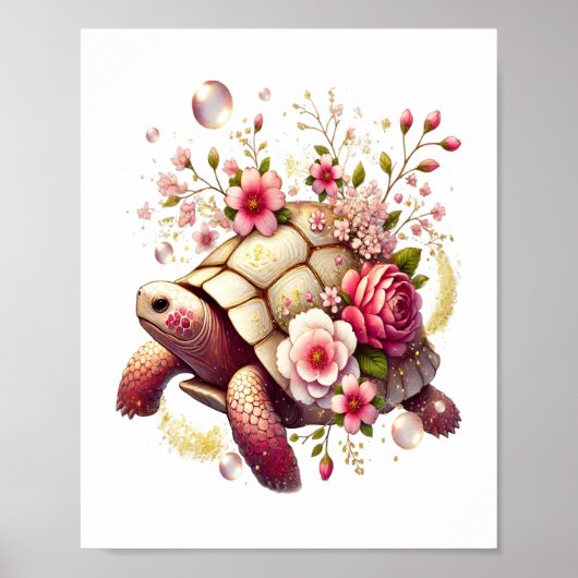 Boho Floral Zee Schildpad Roze Bloesem Poster (Voorkant)
