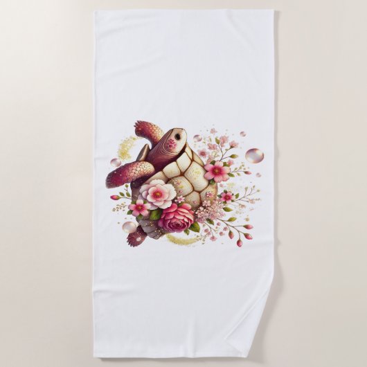 Boho Floral Zee Schildpad Roze Bloesem Strandlaken (Voorkant)