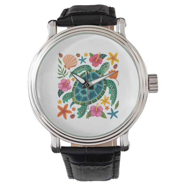 Boho Floral Zee Turtle Horloge (Voorkant)