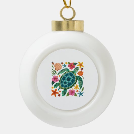 Boho Floral Zee Turtle Keramische Bal Ornament (Voorkant)