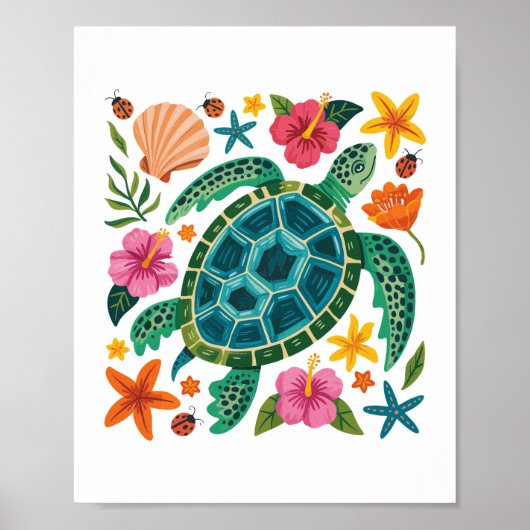 Boho Floral Zee Turtle Poster (Voorkant)
