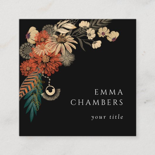 Boho Floral Zwart Visitekaartje (Voorkant)