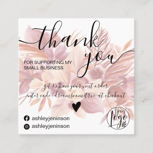 Boho florale waterverf girly orde dank u vierkante visitekaartje (Voorkant)