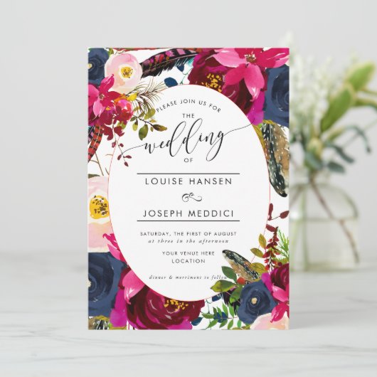 Boho Florals Bourgondische Waterverf bruiloft Kaart (Staand voorkant)