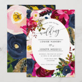 Boho Florals Bourgondische Waterverf bruiloft Kaart (Voorkant / Achterkant)