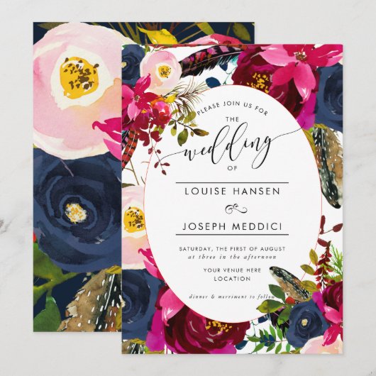 Boho Florals Bourgondische Waterverf bruiloft Kaart (Voorkant / Achterkant)