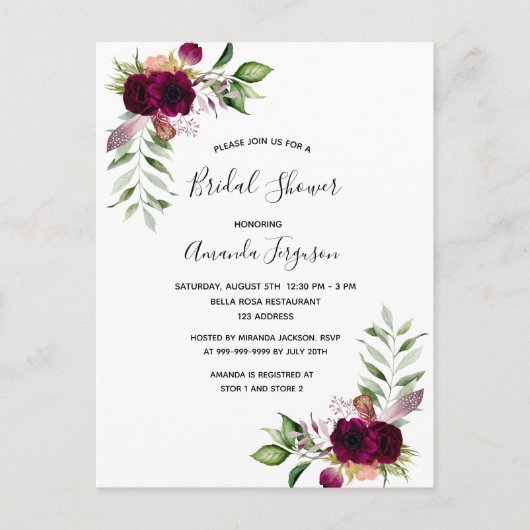 Boho florals bridal doucheuitnodiging briefkaart (Voorkant)
