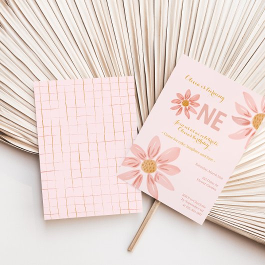 Boho Florals, Daisy Girl Eerste Verjaardag Uitnodi Kaart