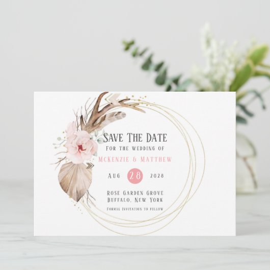 Boho Florals & Deer Antlers sparen de Datumkaarten Kaart (Staand voorkant)