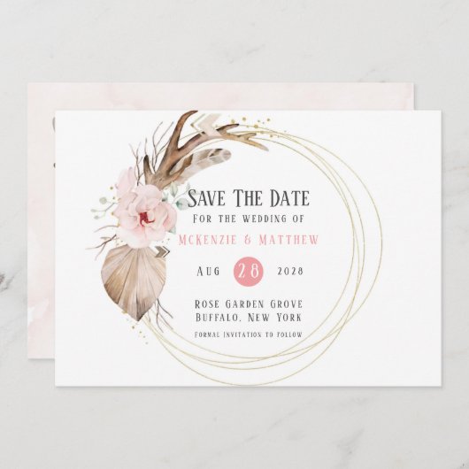 Boho Florals & Deer Antlers sparen de Datumkaarten Kaart (Voorkant / Achterkant)