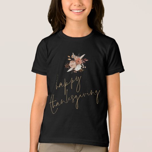 Boho Florals Gold Text Happy Thanksgiving Tri-Blend Shirt (Voorkant)