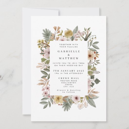 Boho Florals Neutral Wedding Invitation Kaart (Voorkant)