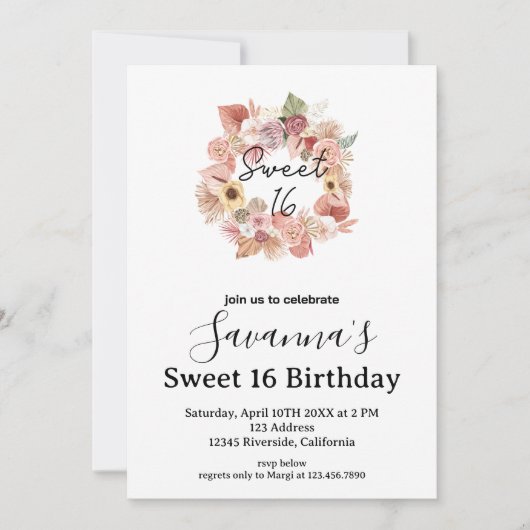 Boho Florals Personalized Sweet 16 Birthday Kaart (Voorkant)