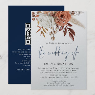 Boho Florals QR Code Navy Blue Winter Wedding Kaart