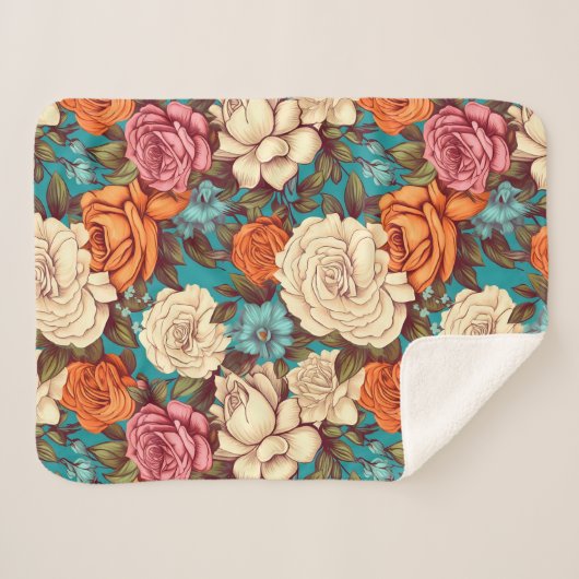 Boho Florals, Turquoise Cream Botanicals Sherpa Deken (Voorkant (horizontaal))