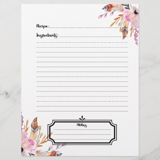 Boho florals vederen wit roze recept flyer (Achterkant)