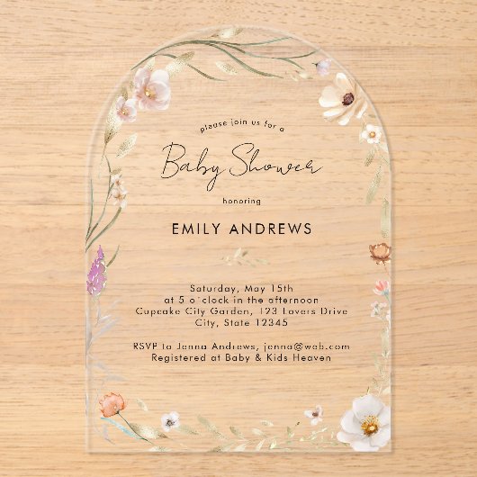 Boho Flower Baby Shower Acrylic Acryl Uitnodigingen (Voorkant)