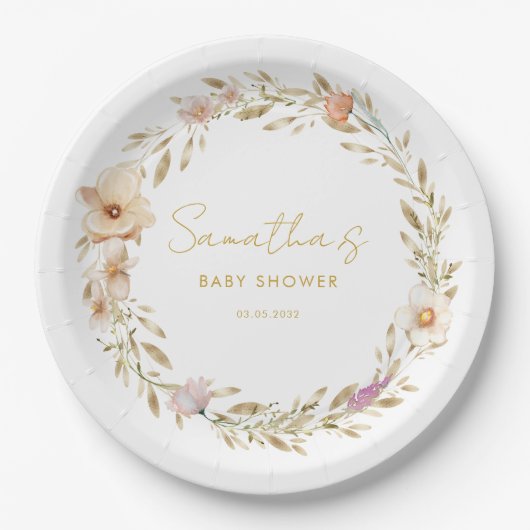 Boho Flower Baby Shower Papieren Bordje (Voorkant)