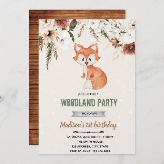 Boho flower fox doucheuitnodiging kaart (Voorkant / Achterkant)