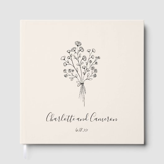 Boho Flower Line Art Drawing Custom Ivory Wedding  Gastenboek (Voorkant)