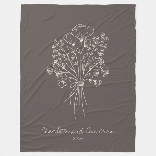 Boho Flower Line Art Drawing Personalized Brown Fleece Deken (Voorkant)