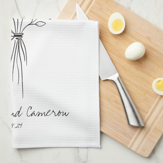 Boho Flower Line Art Drawing Personalized Wedding Theedoek (Quarter Fold)