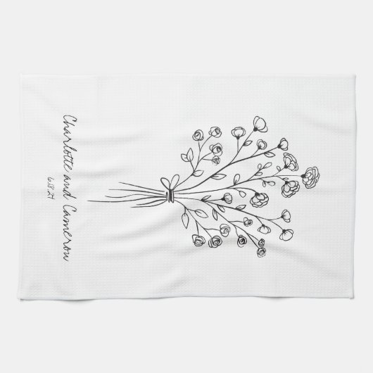 Boho Flower Line Art Drawing Personalized Wedding Theedoek (Horizontaal)