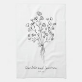 Boho Flower Line Art Drawing Personalized Wedding Theedoek (Verticaal)