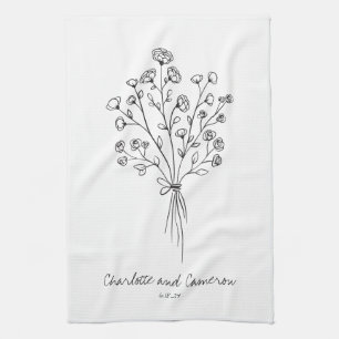 Boho Flower Line Art Tekening Personal Wedding  Theedoek