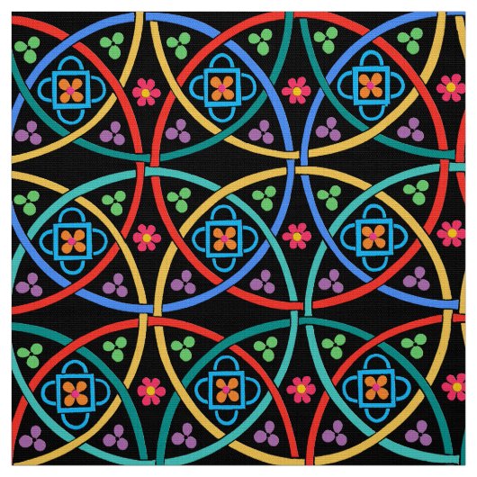 Boho Flower Power op zwart Stof (Swatch)