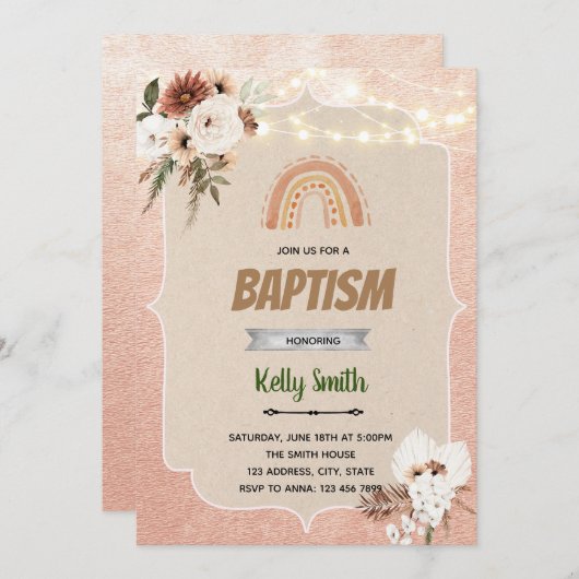 Boho flower regenboogbaptisme-uitnodiging kaart (Voorkant / Achterkant)