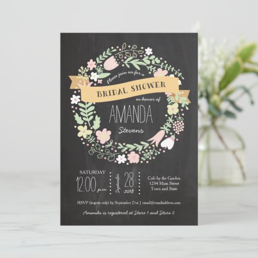 Boho Flower Wreath Rustic Chalkboard Wedding Kaart (Staand voorkant)