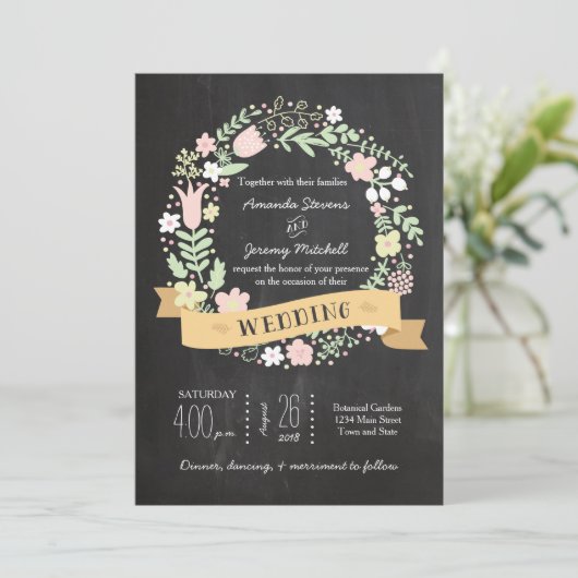Boho Flower Wreath Rustic Chalkboard Wedding Kaart (Staand voorkant)