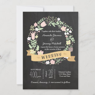 Boho Flower Wreath Rustic Chalkboard Wedding Kaart