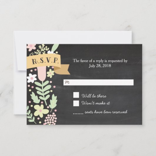 Boho Flower Wreath Rustic Chalkboard Wedding RSVP Kaartje (Voorkant)