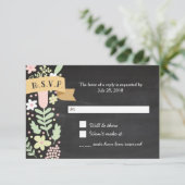 Boho Flower Wreath Rustic Chalkboard Wedding RSVP Kaartje (Staand voorkant)