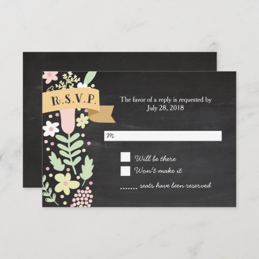 Boho Flower Wreath Rustic Chalkboard Wedding RSVP Kaartje (Voorkant / Achterkant)