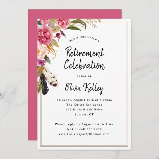 Boho Flowers and Feathers Rustiek Pensioenfeest Kaart (Voorkant / Achterkant)
