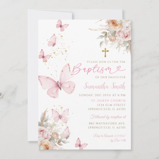 Boho Flowers Butterflies Minimalistisch doopmeisje Kaart (Voorkant)