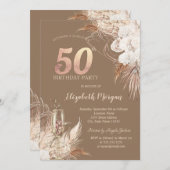 Boho Flowers,Champagne Glass,Terracotta 50th Kaart (Voorkant / Achterkant)