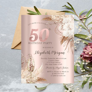 Boho Flowers, Champagneglas, Roos Gold 50th Kaart