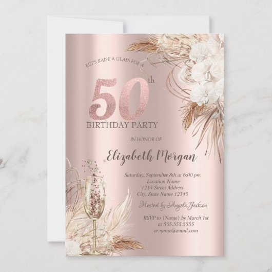 Boho Flowers, Champagneglas, Roos Gold 50th Kaart (Voorkant)