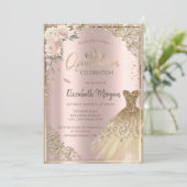 Boho Flowers, Diamonds Roos Gold Quinceañera Kaart (Staand voorkant)