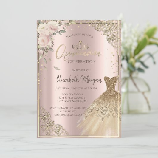 Boho Flowers, Diamonds Roos Gold Quinceañera Kaart (Staand voorkant)