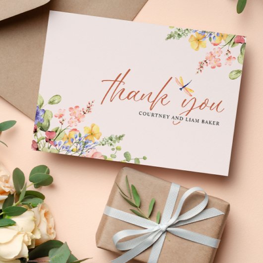 Boho Flowers Dragonfly Dank je bruiloft Kaart