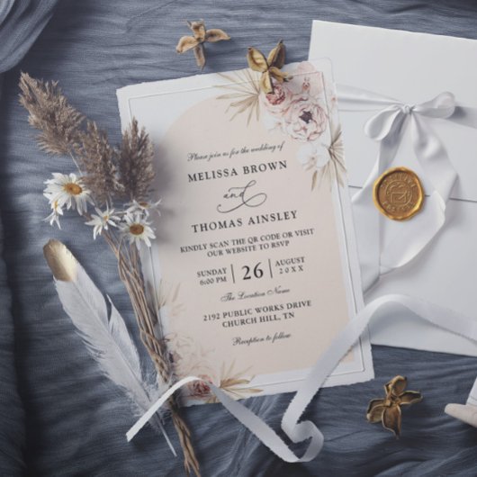 Boho Flowers Elegant Modern Budget QR Code Wedding Kaart