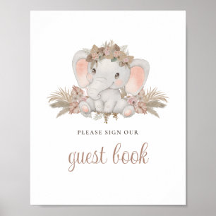 Boho Flowers Elephant Baby shower Gastenboek bord Poster