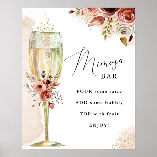 Boho Flowers en Champagne Glass Mimosa Bar Sign Poster (Voorkant)