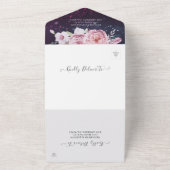Boho Flowers Feathers Paarse Sparkle Wedding RSVP All In One Uitnodiging (Buitenkant)