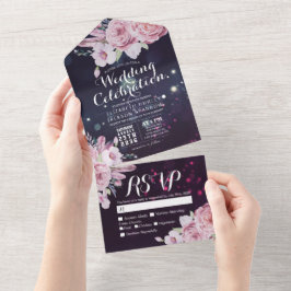 Boho Flowers Feathers Paarse Sparkle Wedding RSVP All In One Uitnodiging